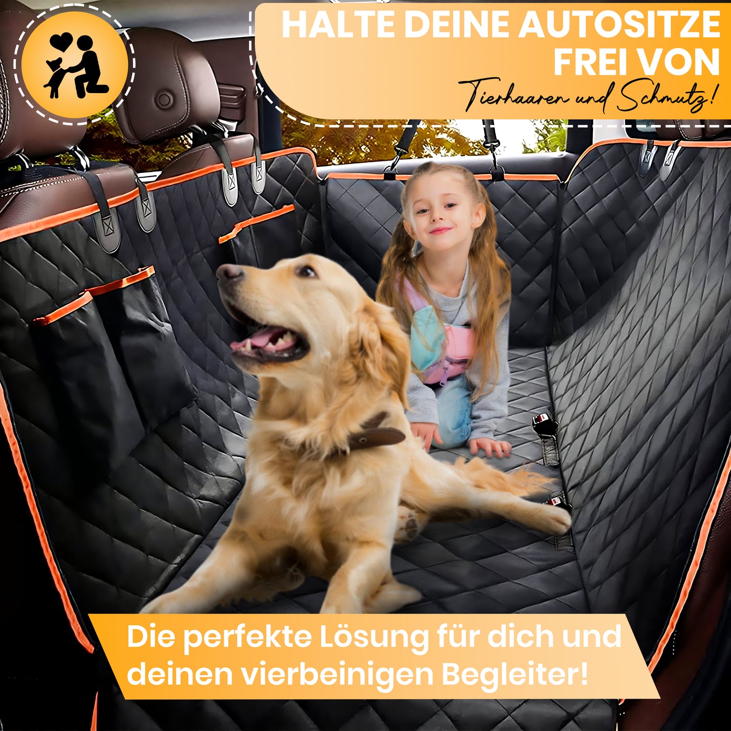 Wasserdichter Hundesitzbezug fürs Auto mit hartem Unterboden. Kratzfest, rutschfest und mit Sichtfenster für sichere Autofahrten.