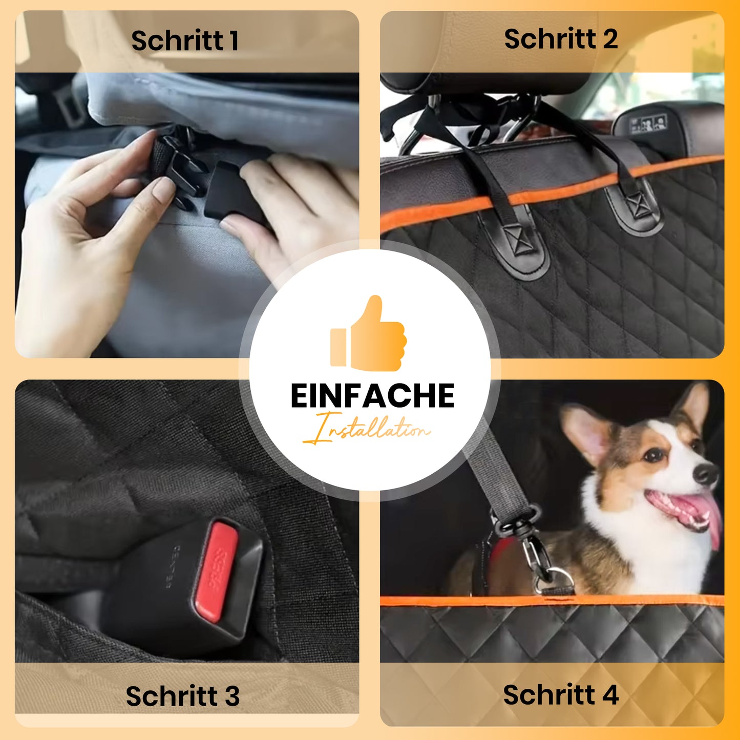 Wasserdichter Hundesitzbezug fürs Auto mit hartem Unterboden. Kratzfest, rutschfest und mit Sichtfenster für sichere Autofahrten.