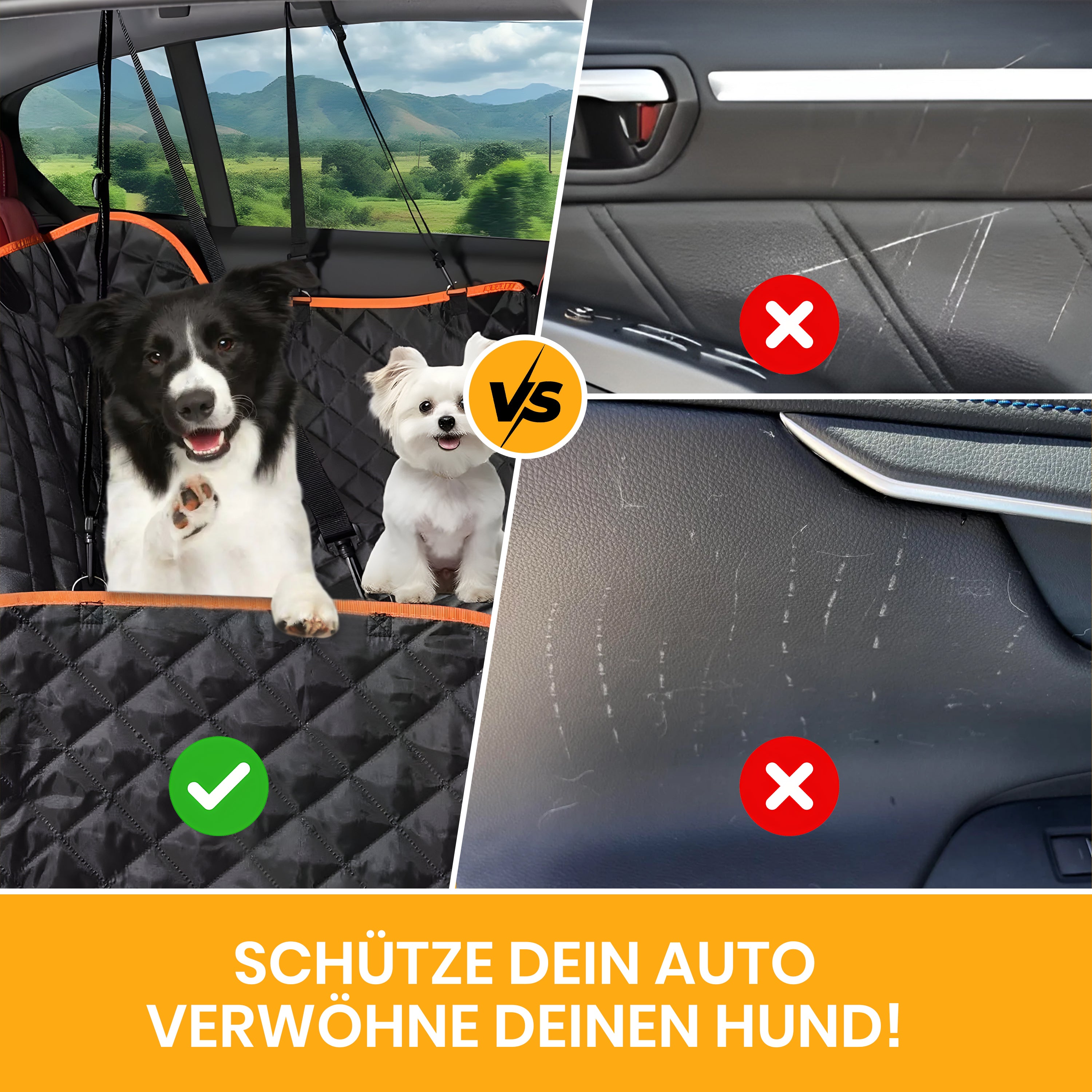 Wasserdichter Hundesitzbezug fürs Auto mit hartem Unterboden. Kratzfest, rutschfest und mit Sichtfenster für sichere Autofahrten.