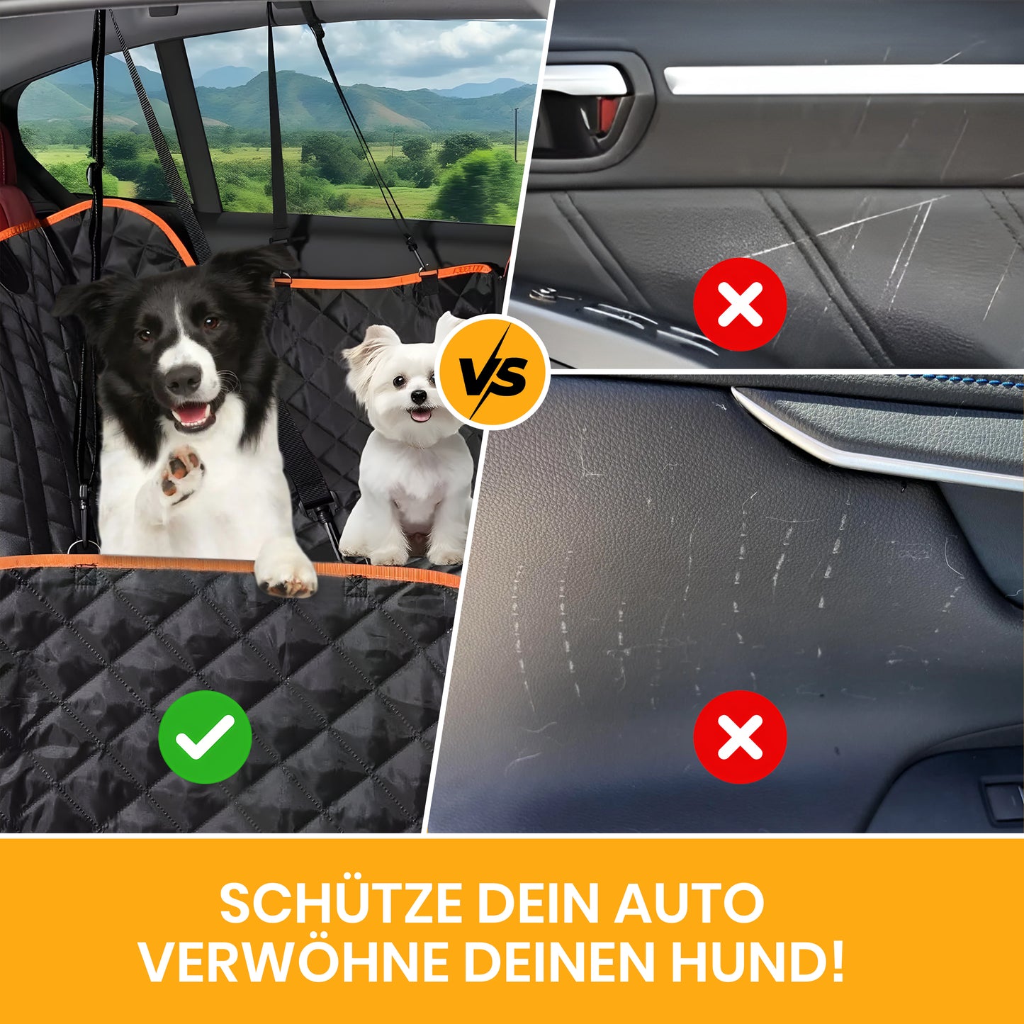 Wasserdichter Hundesitzbezug fürs Auto mit hartem Unterboden. Kratzfest, rutschfest und mit Sichtfenster für sichere Autofahrten.