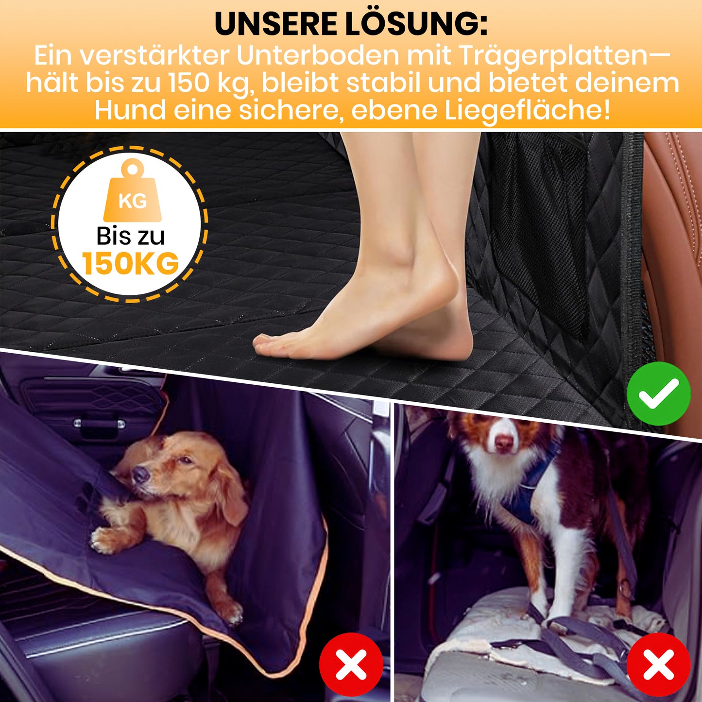 Wasserdichter Hundesitzbezug fürs Auto mit hartem Unterboden. Kratzfest, rutschfest und mit Sichtfenster für sichere Autofahrten.